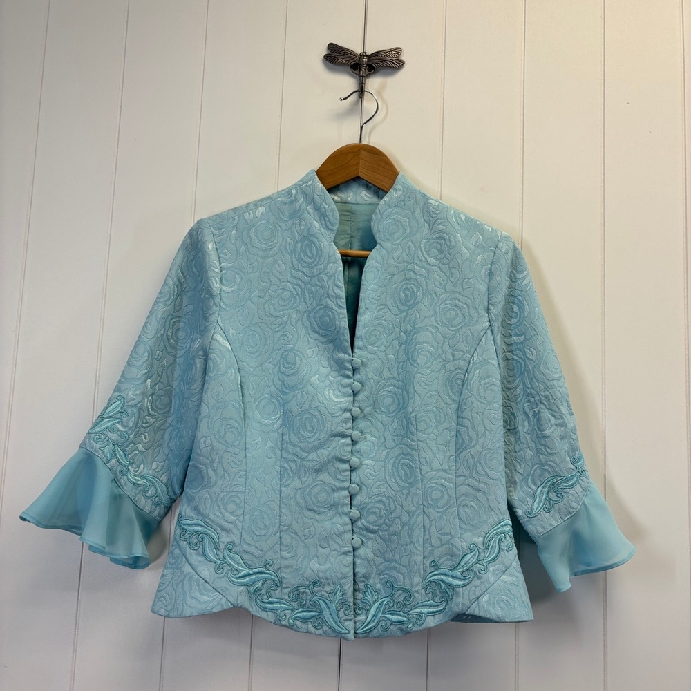 Vintage Womens Regency Floral Jacquard Flutter Sleeve Jacket Size L Victorian